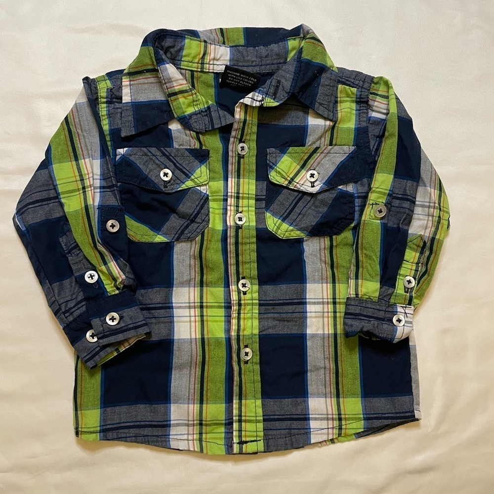 Boys American Hawk size 18 months blue and green paid button up shirt